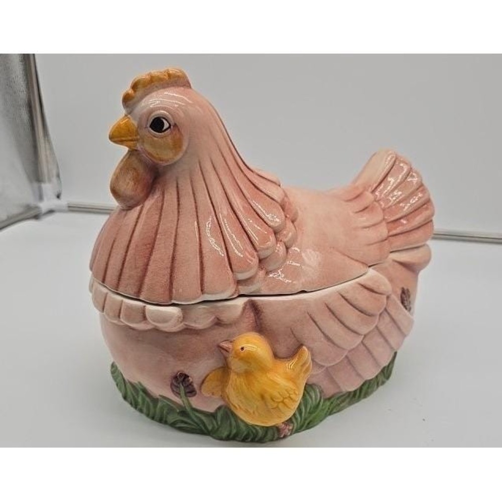 Ceramic Mother Hen Chicken VTG Cookie Jar Baby Chicks Plays Music Cottage Core